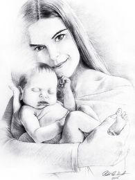 Lány karjában babával - ceruza rajz